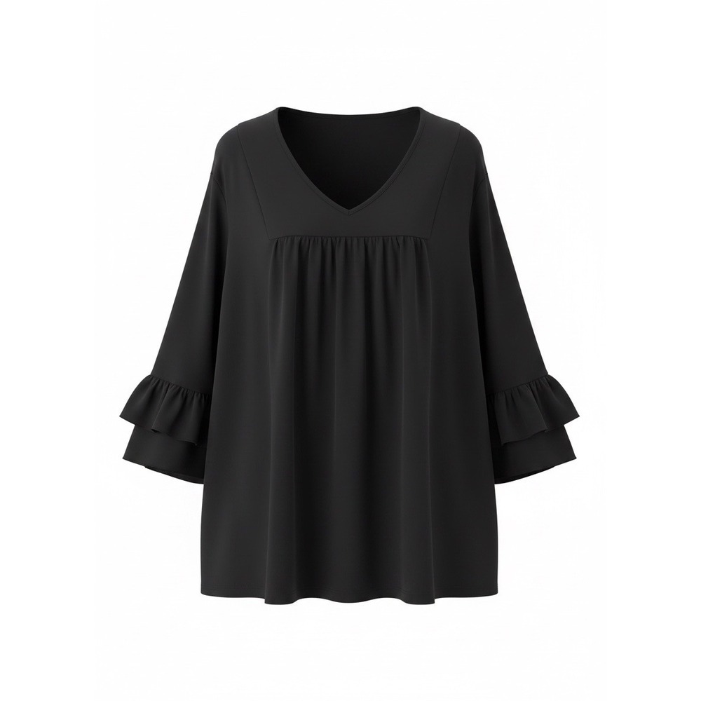 Micoson Black V-Neck Ruffle Bell Sleeve Tunic Top Blouse MC01818